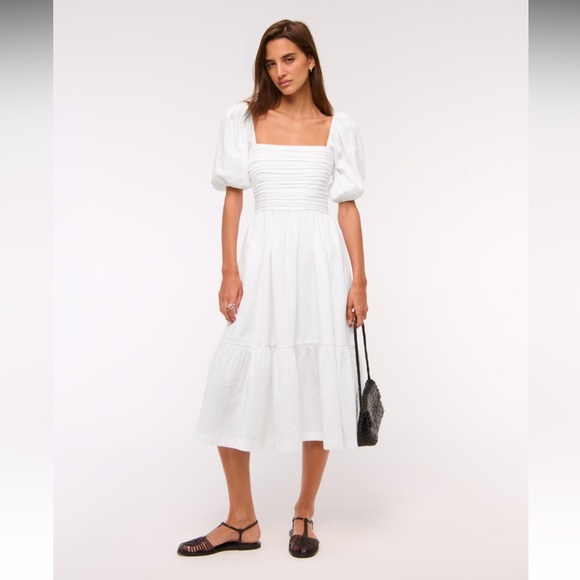 Abercrombie & Fitch Dresses & Skirts - Abercrombie & Fitch White Square-Neck Midi Dress with Puff Sleeves